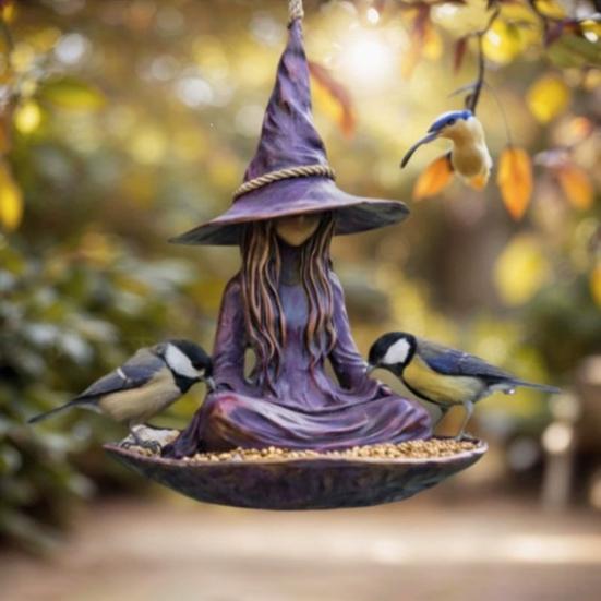Meditating Witch Garden Bird Witch Wild Bird Feeder Purple Hat Seeds Tray