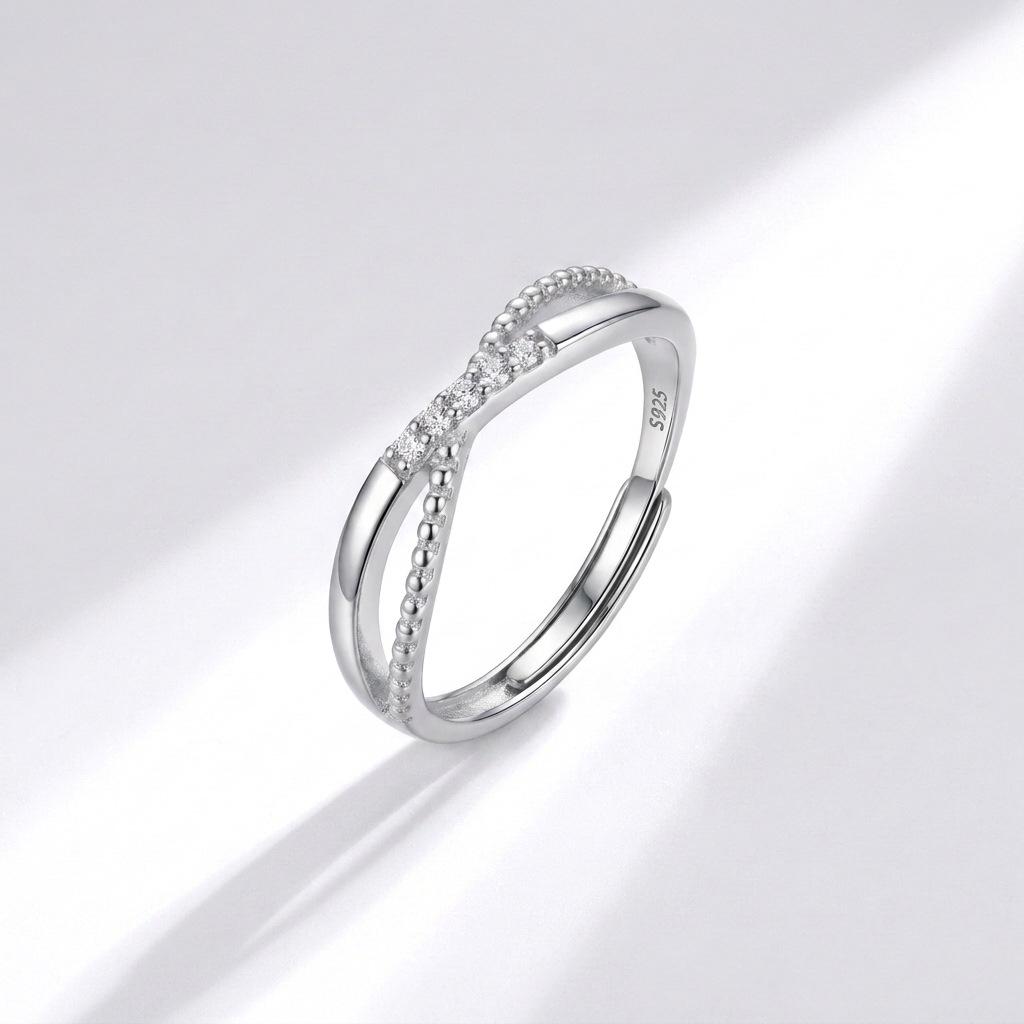 S925 Sterling Silver Open Adjustable Women's Ring with Rhinestones and Intertwined Rice Beads, Elegant Thin Style for Mature Commute.