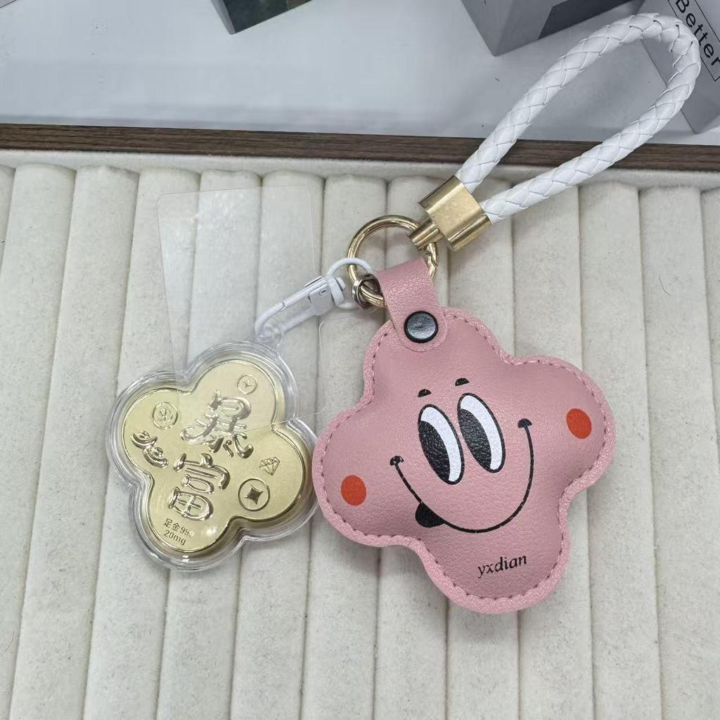 999 Pure Gold Lucky Four-Leaf Clover Keychain with Cute Smiley Face Flower Charm