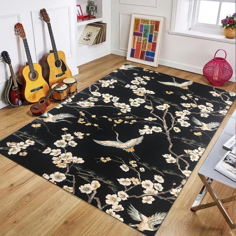 

Artistic Floral Rug Black Base Blue & Green Print Non-slip Washable Durable Floor Mat for Living Room Bedroom Decor 40X60cm