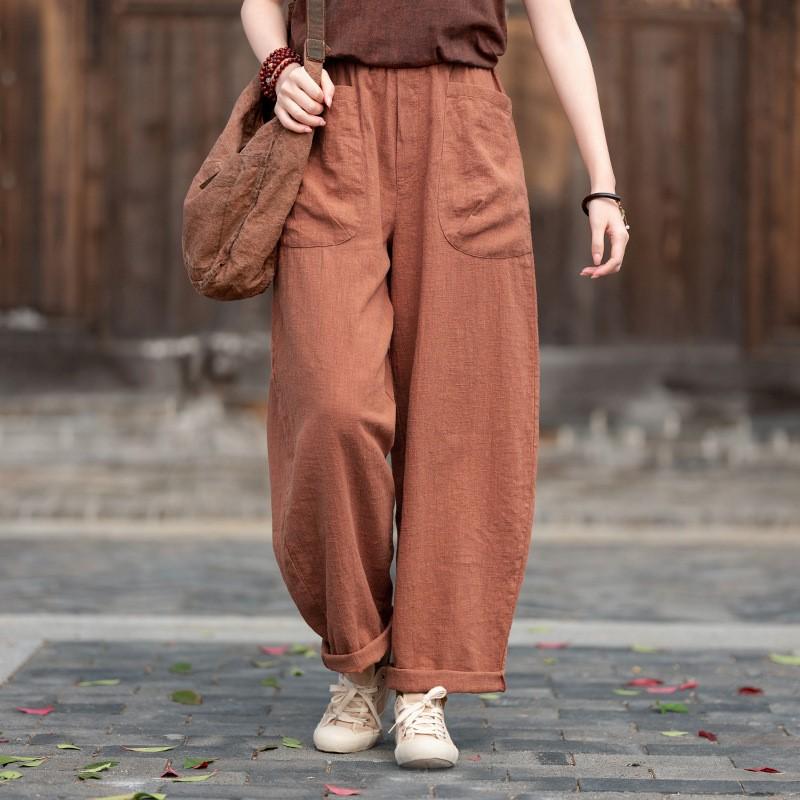 Johnature Women Vintage Harem Pants Solid Color Patchwork Pockets Trousers Elastic Waist Loose Pants
