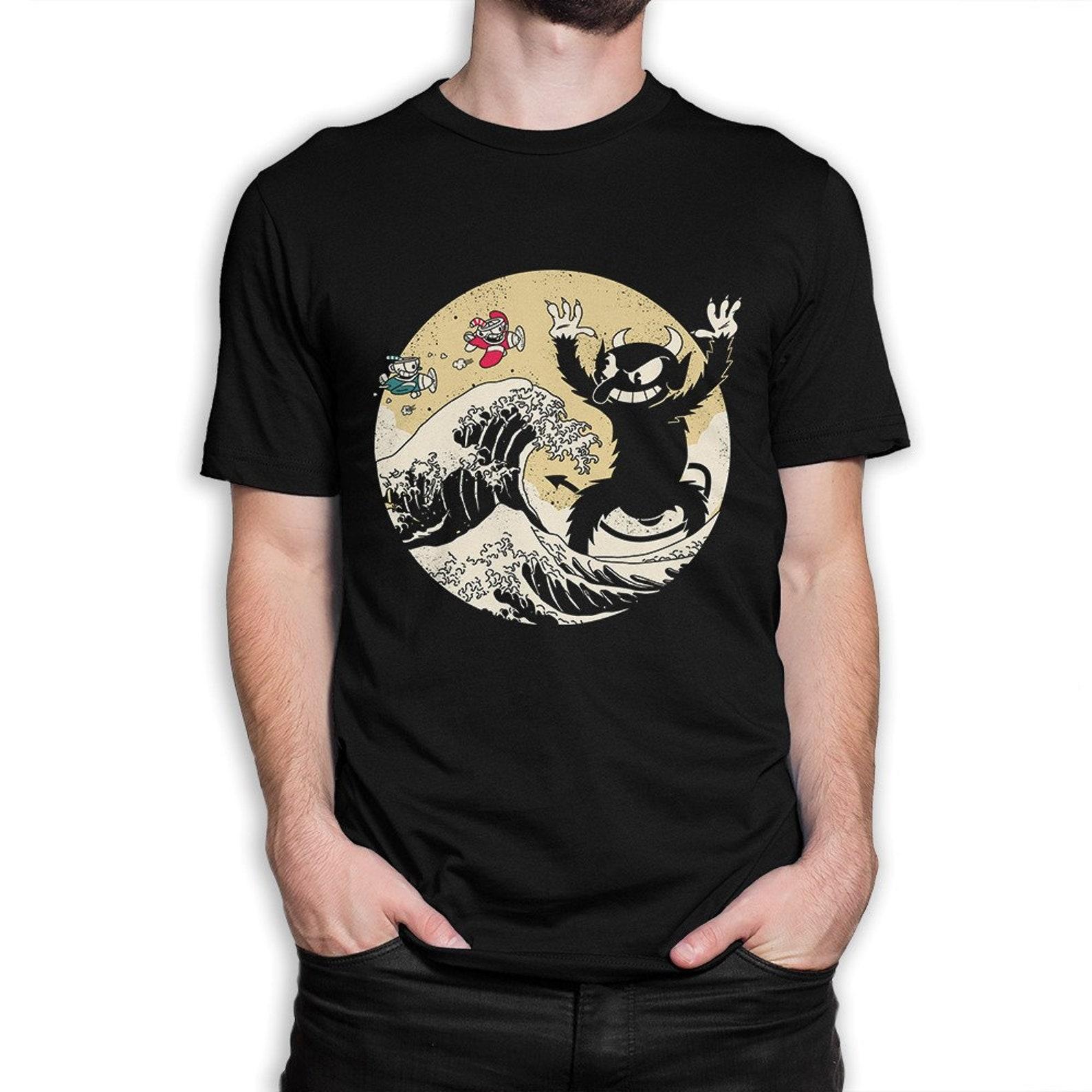 Cuphead Bros vs The Devil and Great Wave off Kanagawa T-Shirt, Men s and Women s Sizes (bf-266) 4XL