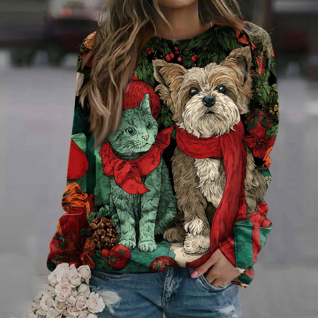 Women's Fashion Casual Long Sleeve Christmas Printed Neck Sweatshirt Top