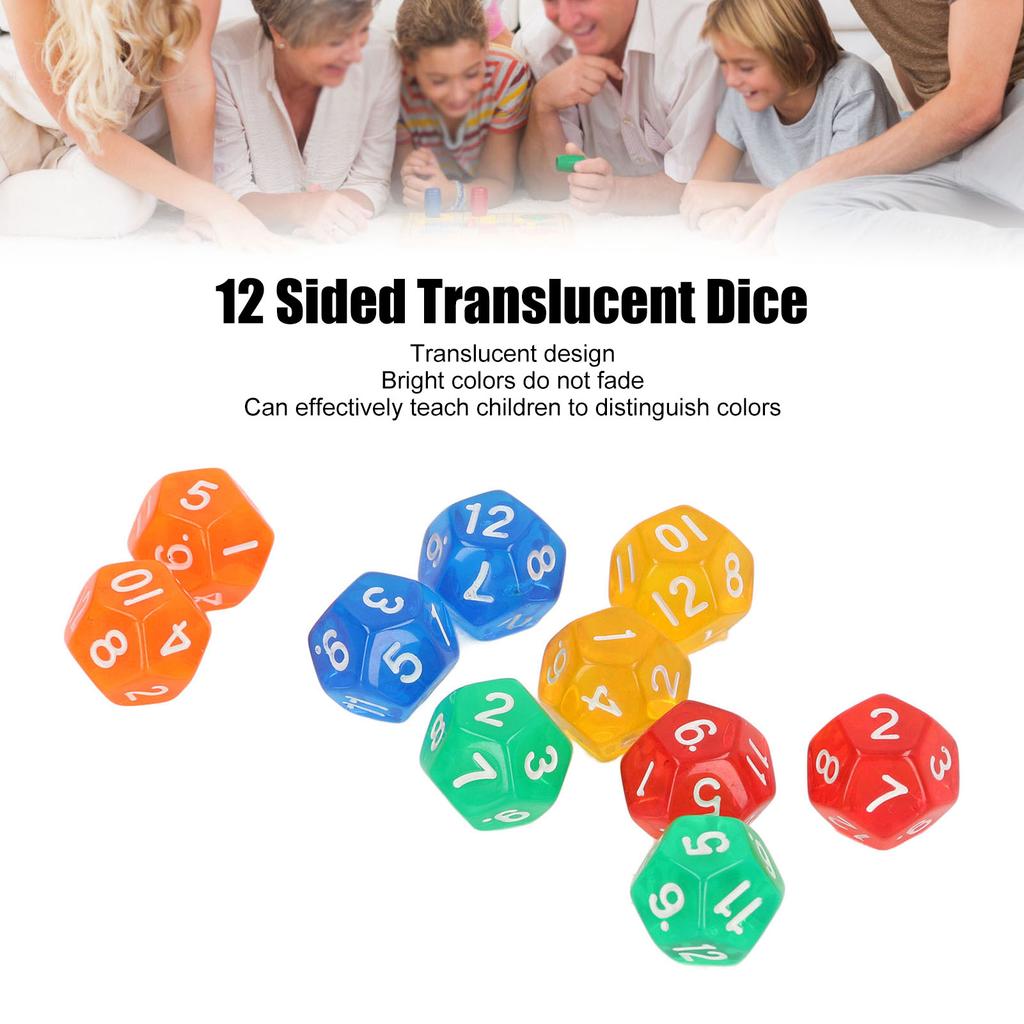 40Pcs 12 Sided Transparent Dice Waterproof 5 Colors Translucent Dice for Board Games and Teaching Math