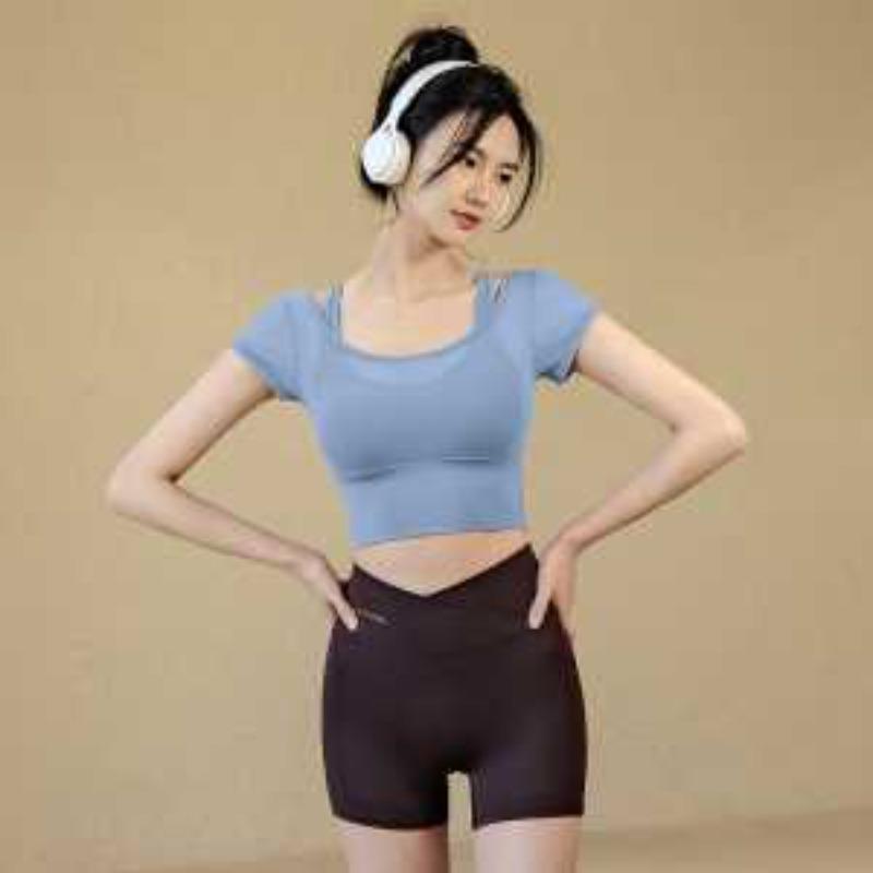 Women Mesh Splice Workout Crop Top Built-in Bra Short Sleeve Yoga Shirt S