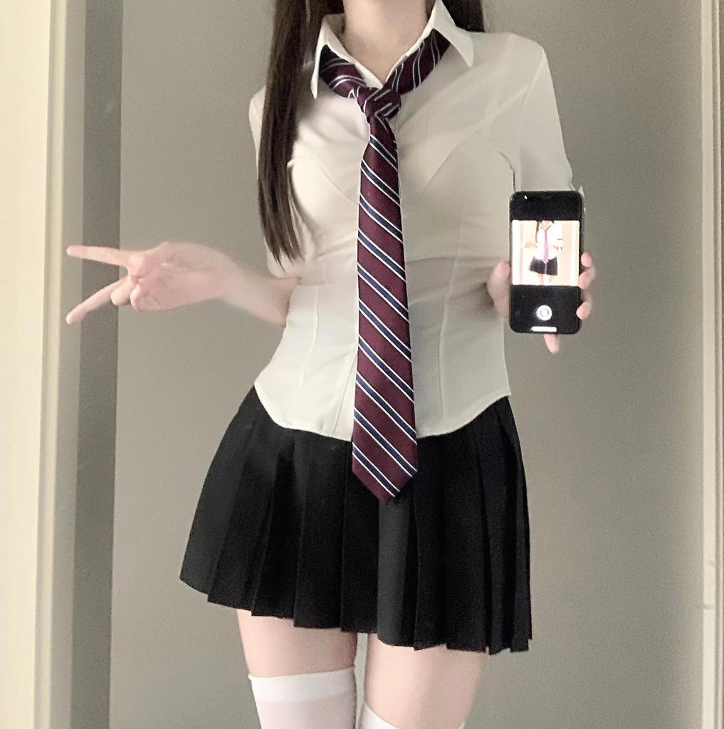 Original JK Uniform: Women's Sexy Long-Sleeve Pleated Shirt, Slimming Waist-Hugging Design.