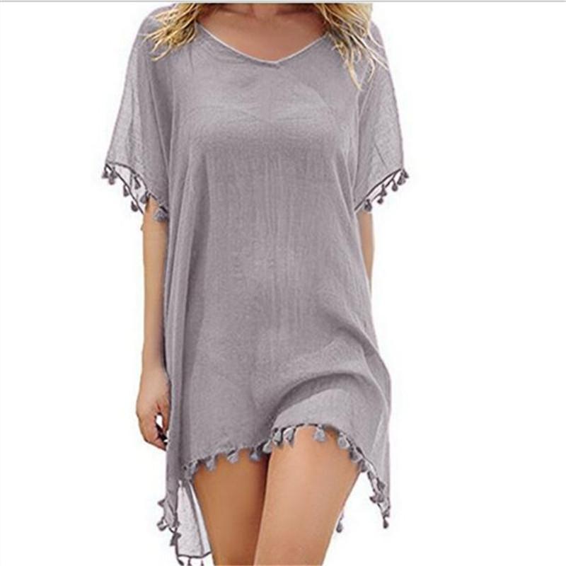 Summer Chiffon Tassels Beach Dress Women Swimwear Bikini Cover Up Female Mini Loose Solid Pareo Tops Swimsuit