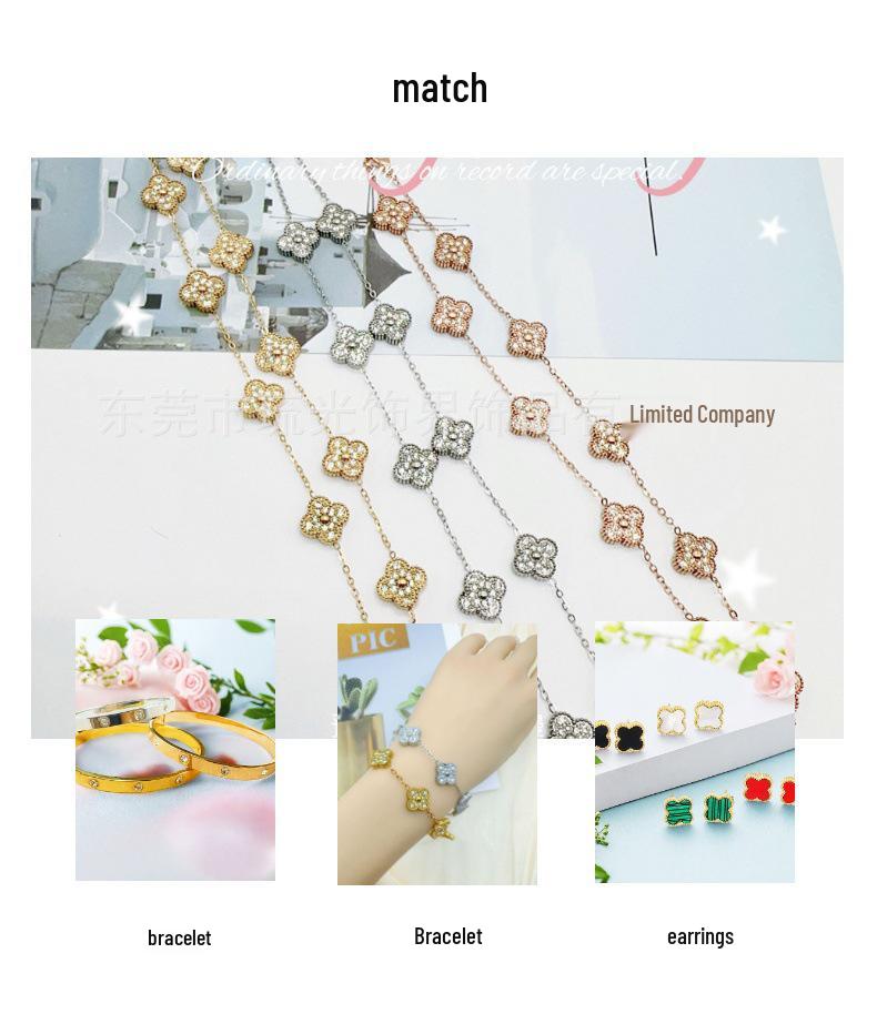 Luxury Stainless Steel Four-Leaf Clover Necklace with Full Diamond Finish - Non-Fading High-End Design