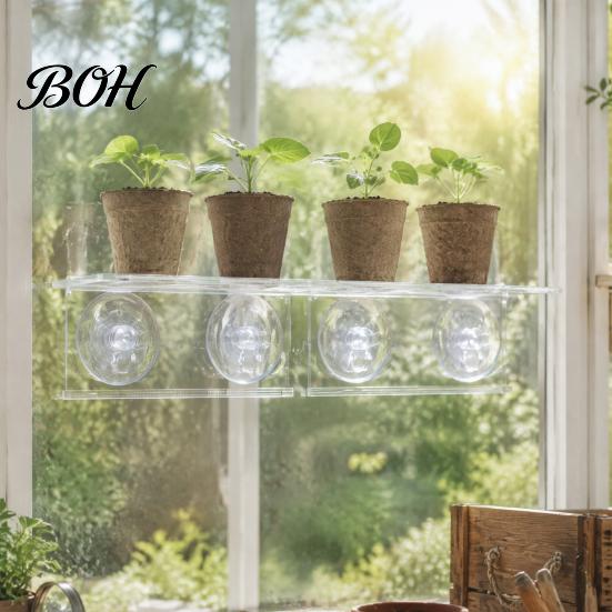 Floating Potted Plant Stands Window Suction Cup Storage Rack, Clear Acrylic Shelf with Microgreen Growing Trays Strong Adsorption, Stand for