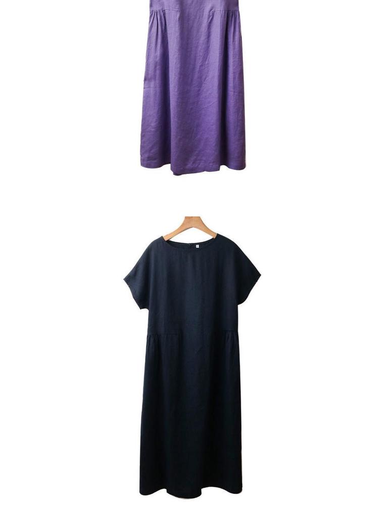 Cross-border Summer A-line Midi Dress: Short Sleeve, Solid Color, Literary Style, Women's Loose Fit