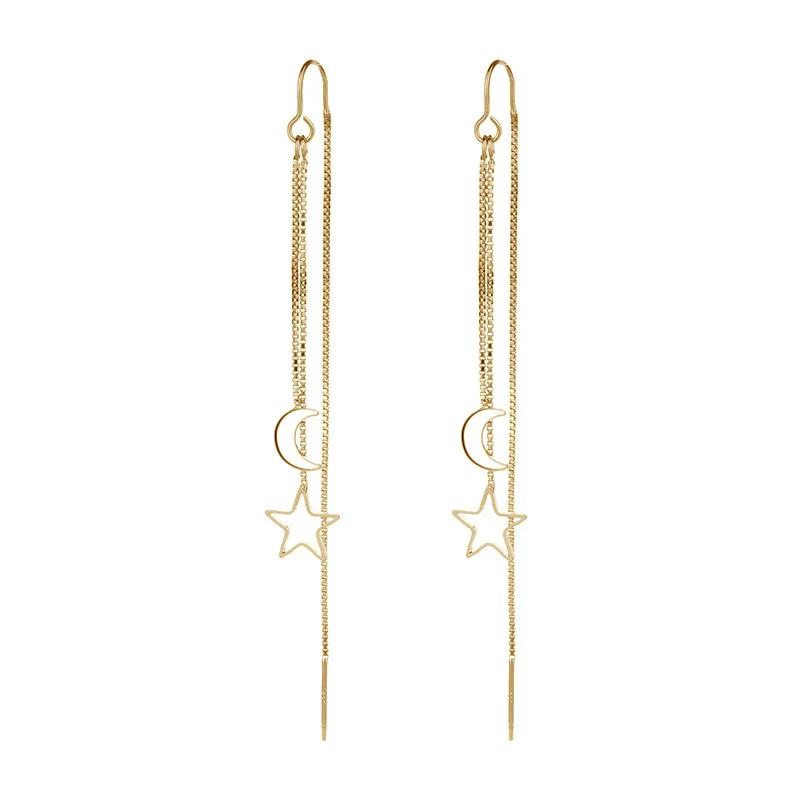Real  Sterling Silver Long Tassel Hollow Stars Moon Drop Earrings for Women Cute Fine  Light Luxury Accessories