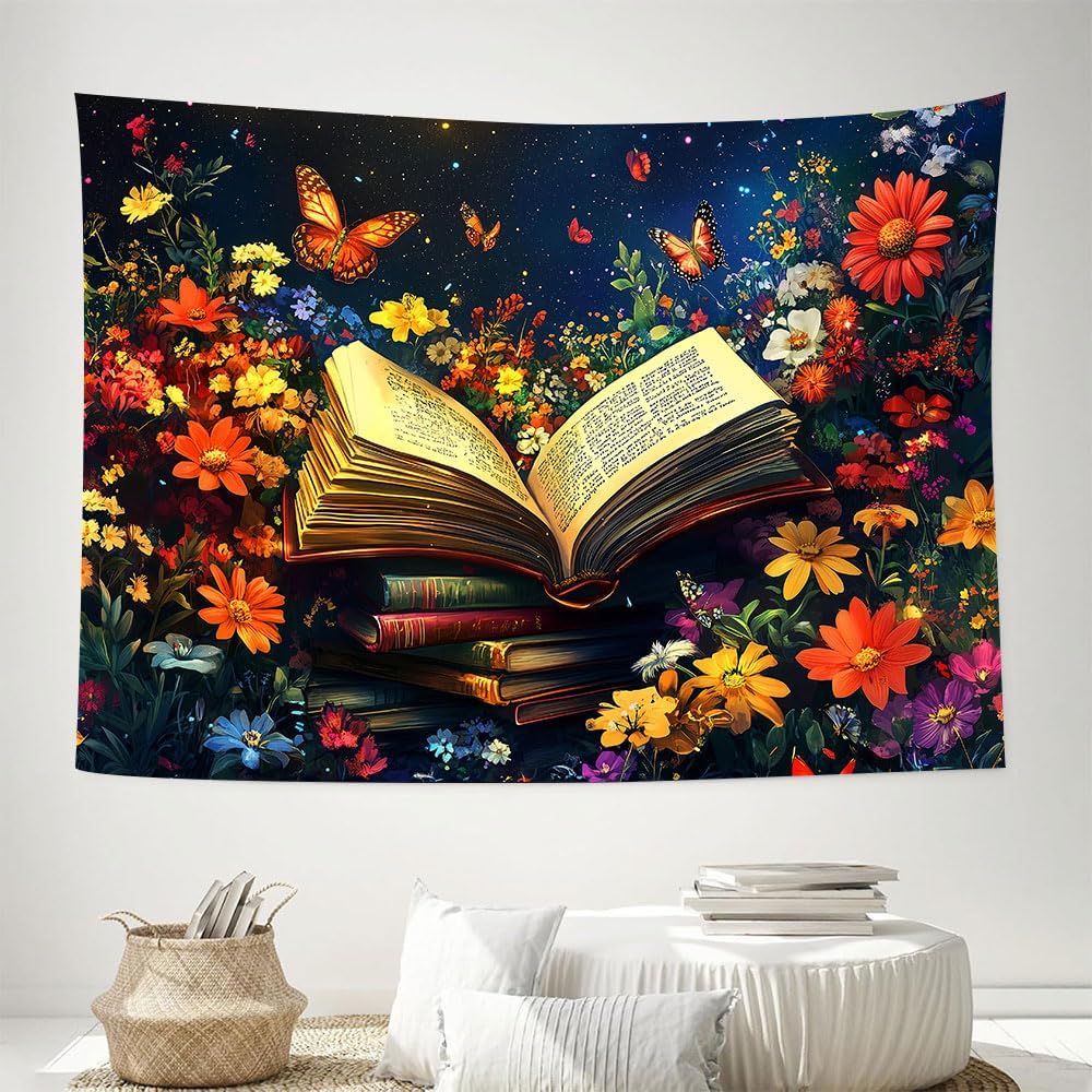 Enchanted Book Tapestry, Calming Wall Art with Open Book, Colorful Flowers & Butterflies, Ideal for Home & Reading Nook