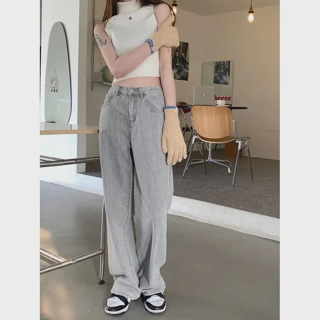 Women's High-Waist Light Gray Wide-Leg Retro Jeans