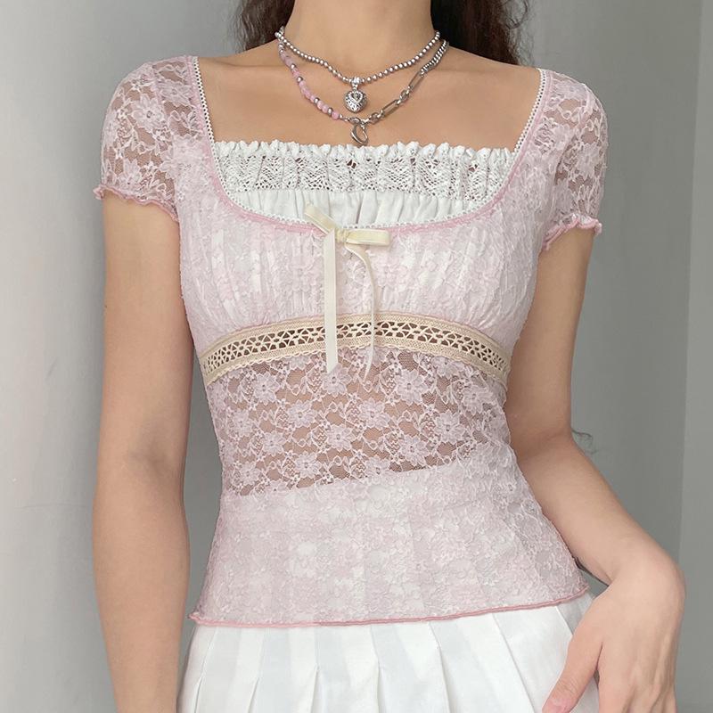European & American Women's Pink Lace Patchwork Cropped Pullover - Sweet Girly Style, French Square Neck, Lace-up, Slim Fit T-shirt.