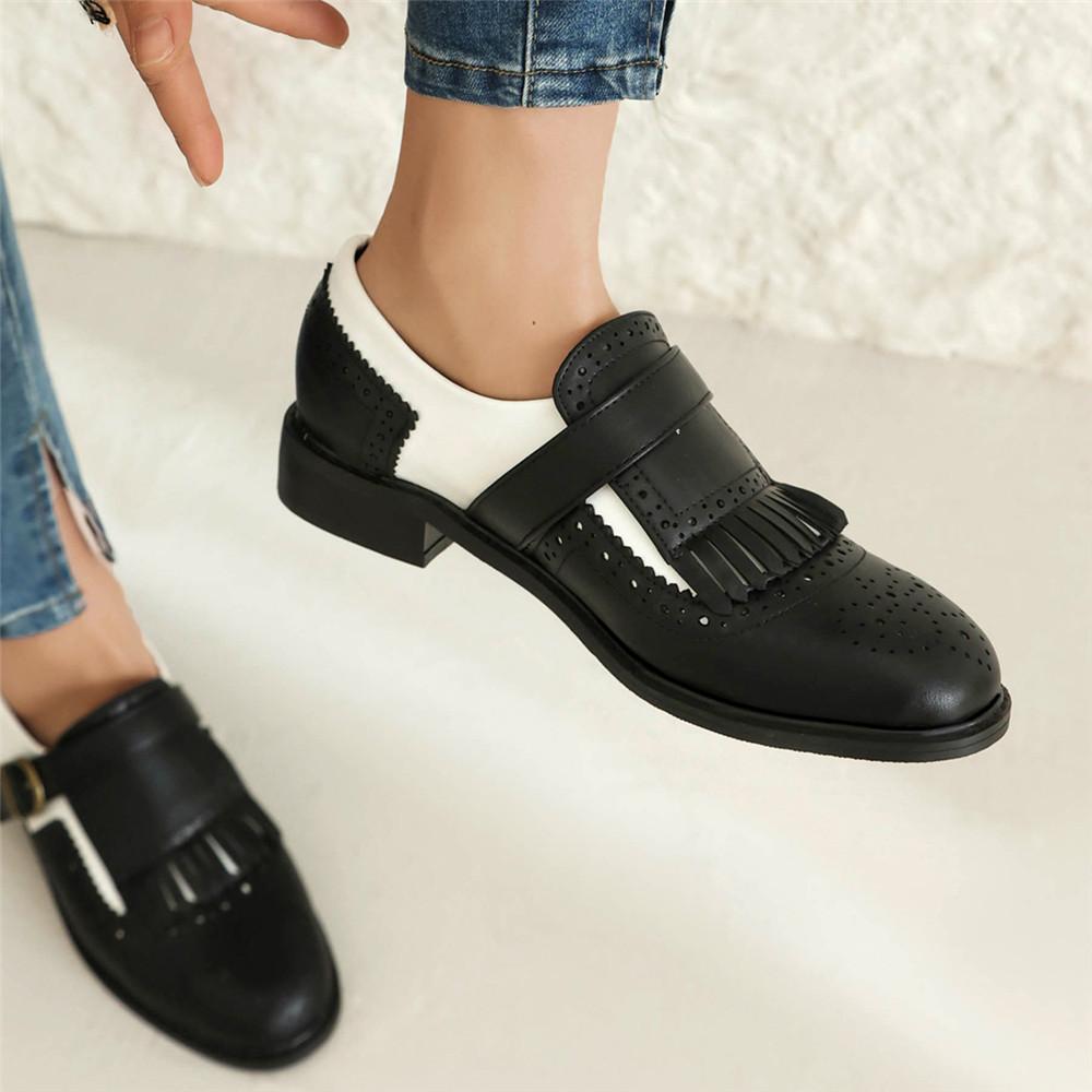 Mode Mode Frühling Herbst Oxford Flats Frau Schnürschuhe Runde Zehe Slipper Schnalle Quaste Leder Derby Britische Damen Schuhe mit dickem Absatz