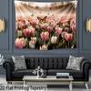 2D Pink Tulip Field Backdrop with Monarch Butterflies Nature Background
