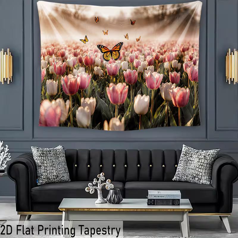 2D Pink Tulip Field Backdrop with Monarch Butterflies Nature Background