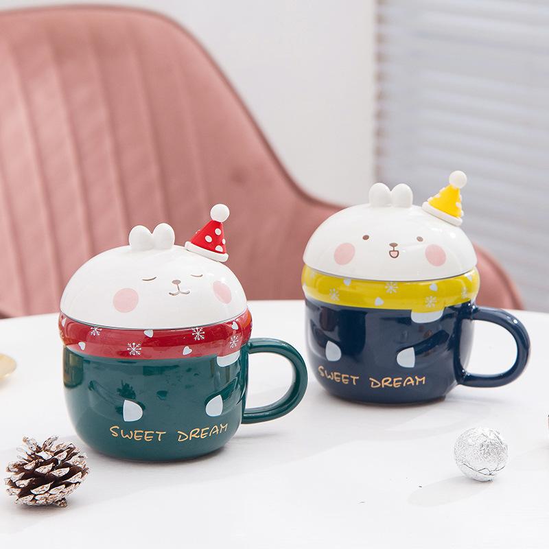 High-Value Breakfast Water Cup Cute Cartoon Rabbit Ceramic Cup With Lid Spoon Girl Student Mug Creativity