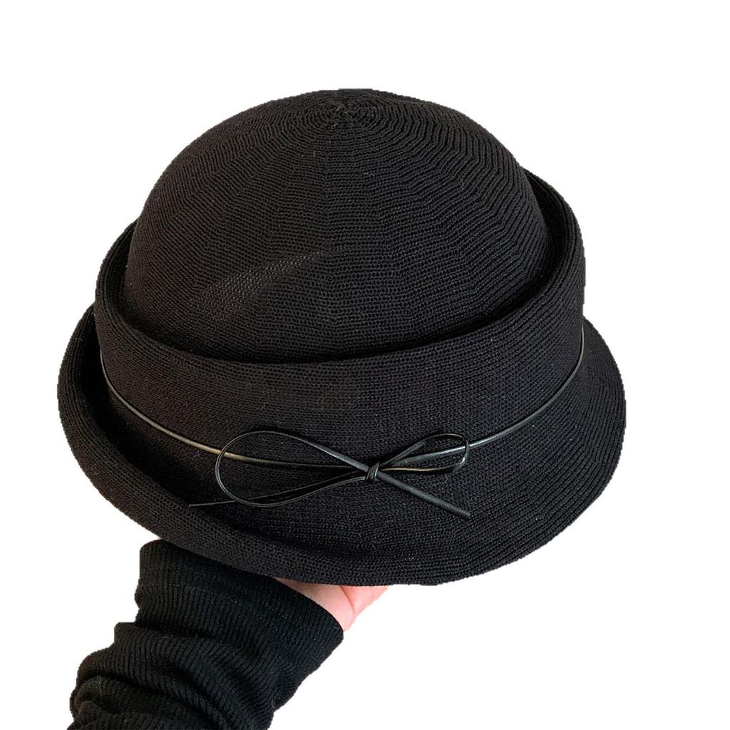 French Hepburn-Style Bowknot Women's Elegance: Rolled Brim Formal Bucket Hat