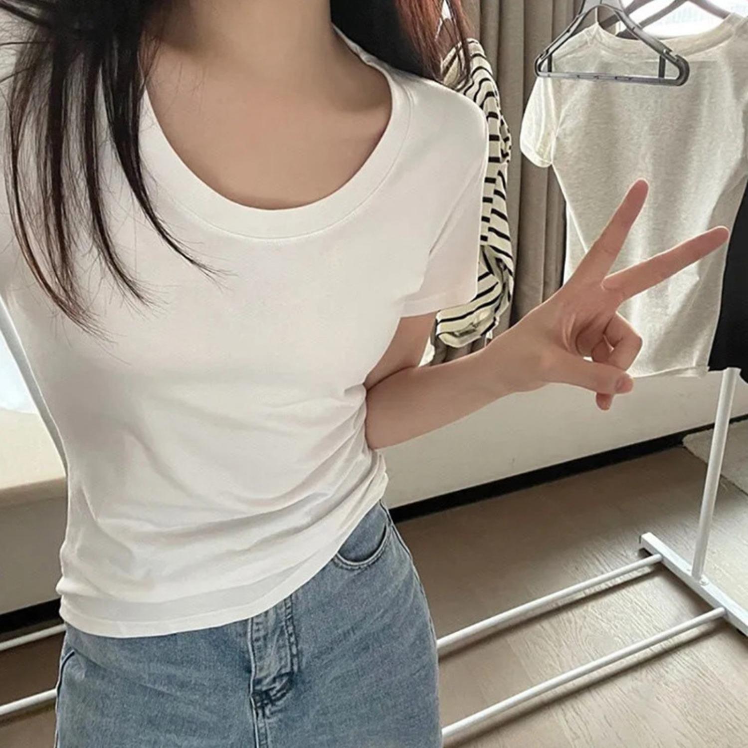 Women s U Neck Short Sleeve Basic T-Shirt Slim Fit Casual Summer Solid Tee Tops S