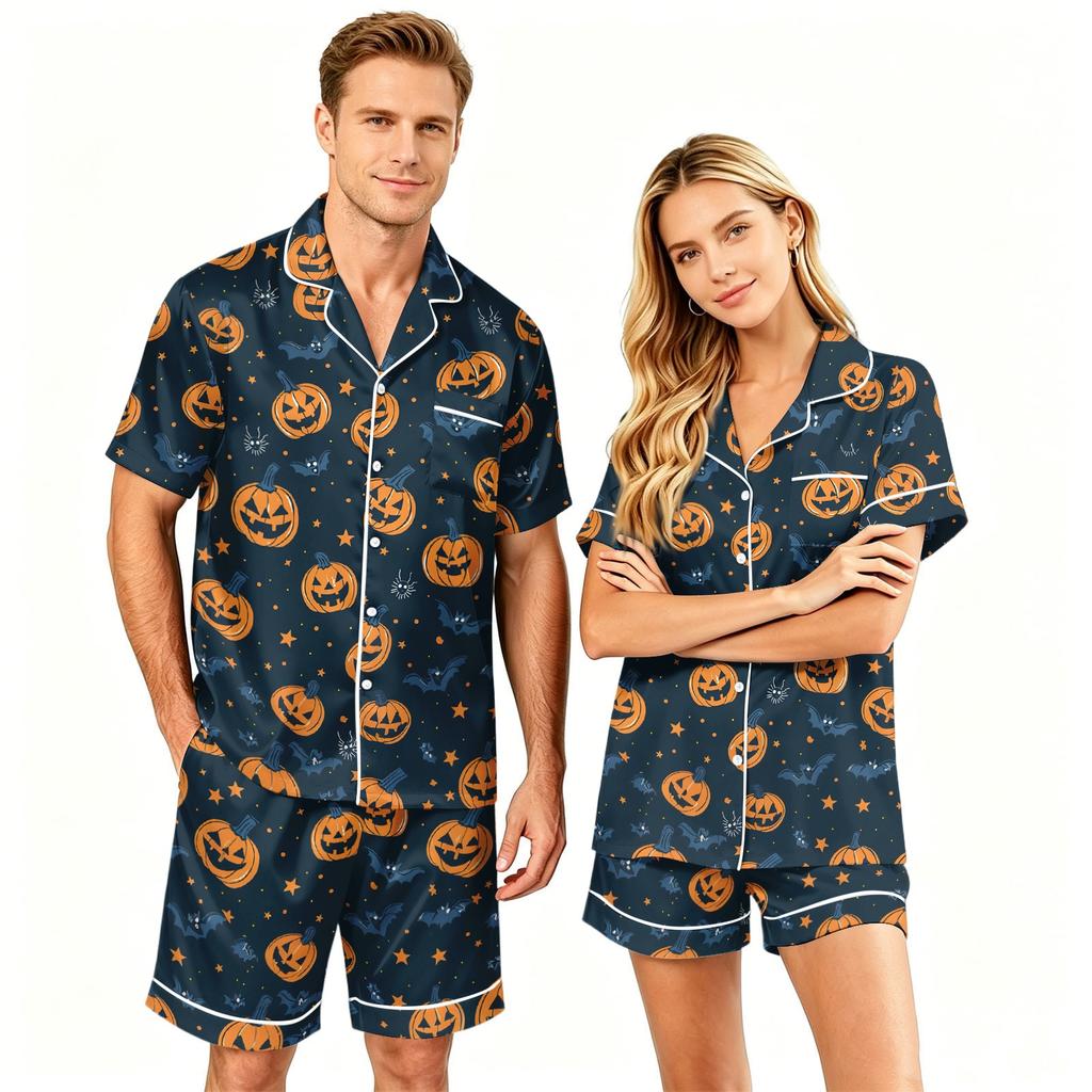 Couple Matching Halloween Pajama Set Short Sleeve Button Down Shirt and Shorts Sleepwear Soft Casual Lounge Wear S-XXXXL
