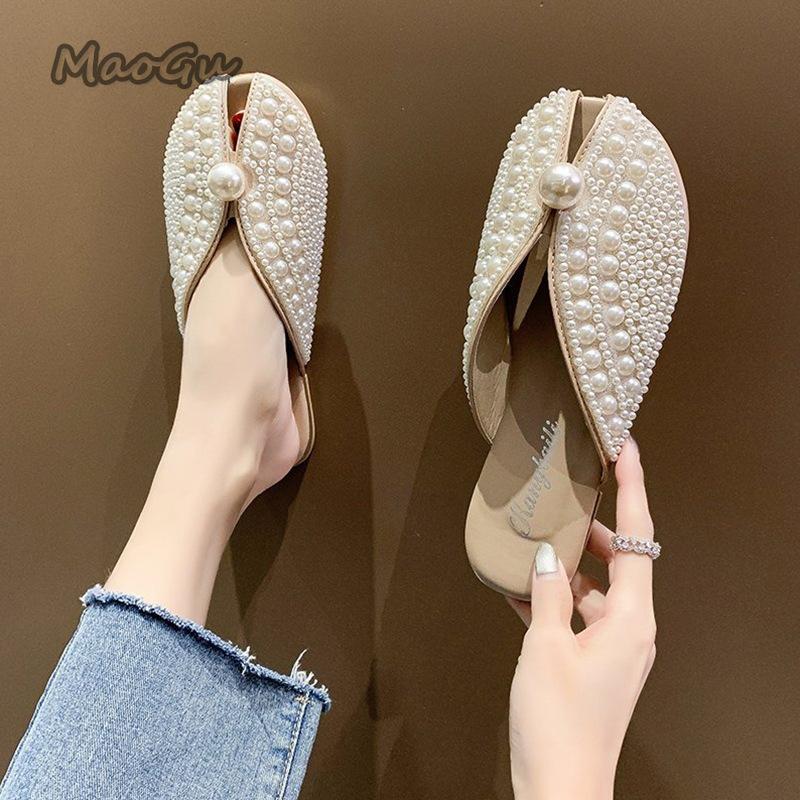 Fashion 2025 Women Summer Fashion Footwear Pearl Fairy Style Flat Soft Bottom Mules Slip On Cover Toe Slides Zapatos De Mujer Size36-40