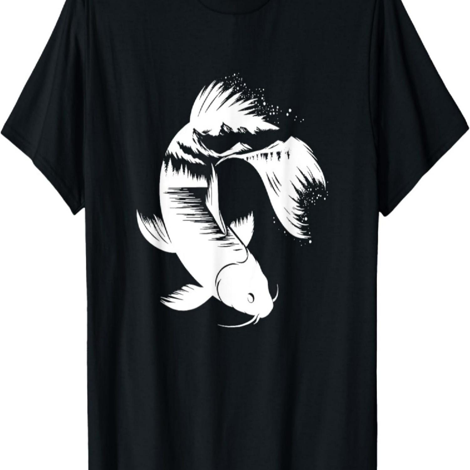 Fish Motif Shirt, Landscape Print Hoodie, Fishing Gift T-Shirt S чёрный