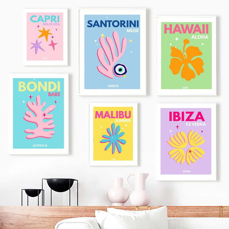Preppy Color Travel Posters Miami Bondi Palms Ibiza Mykonos Capry Art Print Minimalist Nordic Canvas Painting Living Room Decor