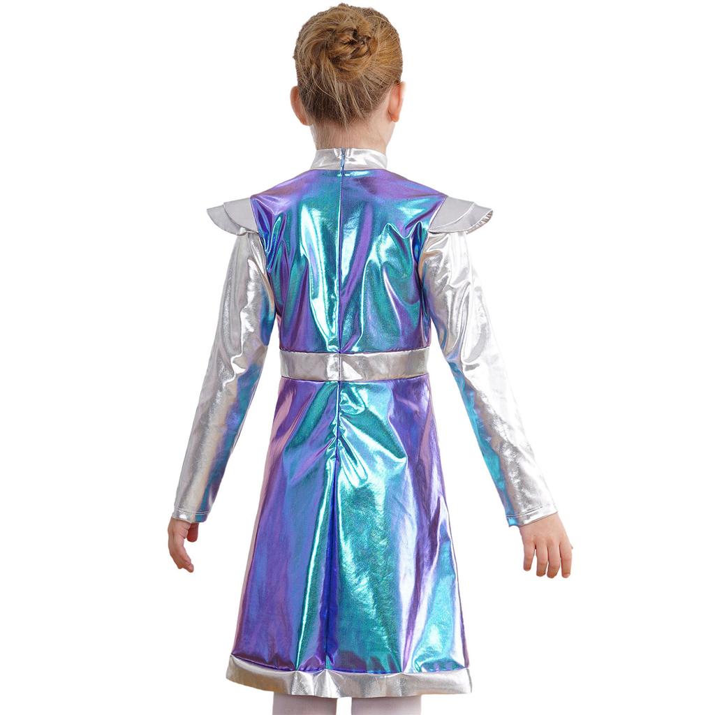 Girls Outer Space Cutie Costume: Shimmering PU Patchwork Alien Dress for Halloween & Sci-Fi Role Play Parties
