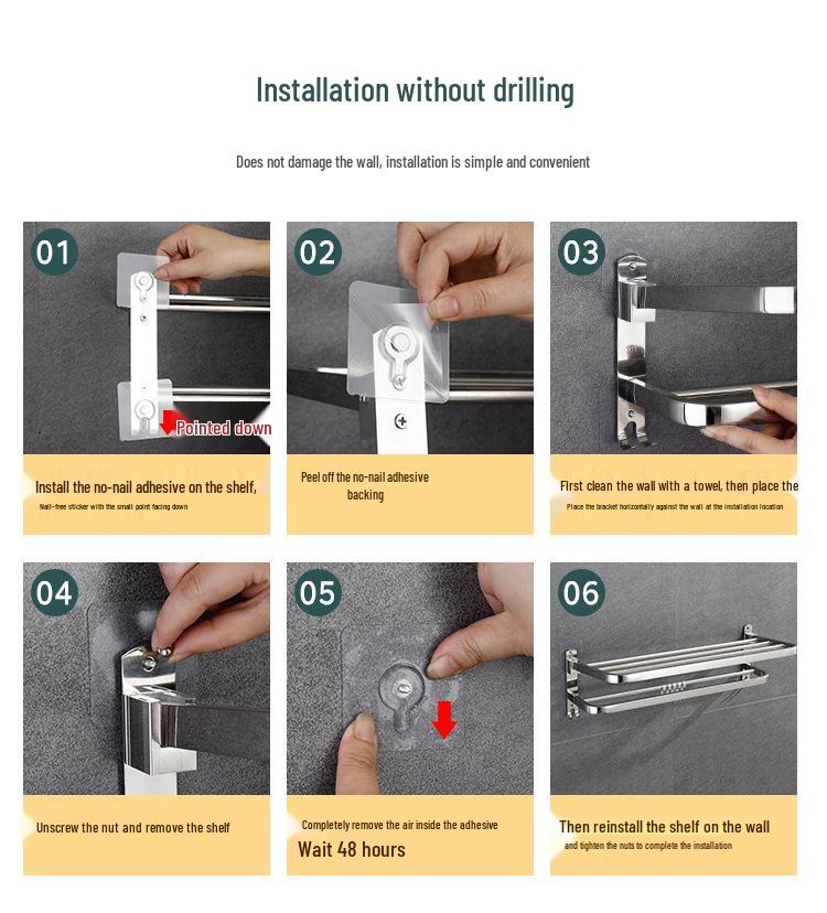 No-Drill 304 Stainless Steel Bathroom Towel Rack and Toilet Shelf