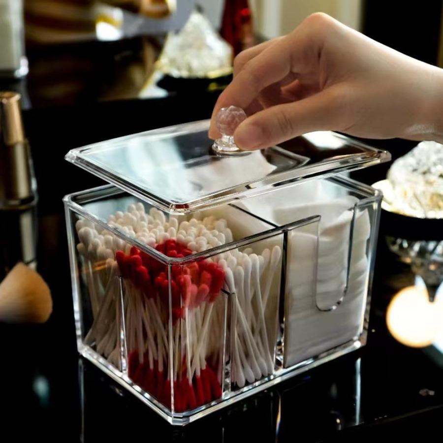 Portable Two-In-One Swab Storage Box Transparent Dustproof with Lid Desktop Makeup Sealed Drawer Style Organizer Only Box)