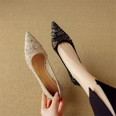 Fashion New Spring/summer Fabric Shallow Shoes for Women Fashion Lace Mesh Pointed Toe Women Pumps Breathable High Heels Apricot Black