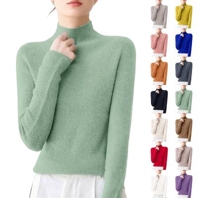 Suéter Feminino Casual de Gola Redonda Camada Base Tricotado Manga Longa Cor Sólida