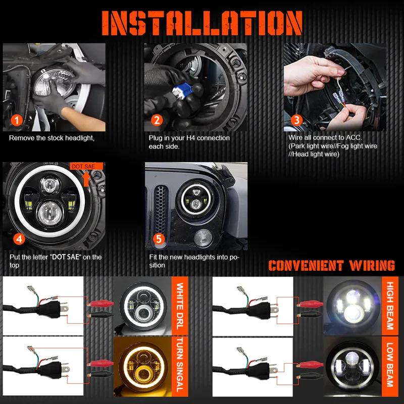 7 Inch Moto Car Led Headlight H4 Round Headlight with Amber Turn Signal For Jeep Wrangler JK TJ Headlamps 7" Headlight