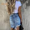 Women Summer Denim Skirt High Waist Button Zipper Fly Mini Skirt Ripped Holes Irregular Hem Hip Wrapped Skirt Streetwear