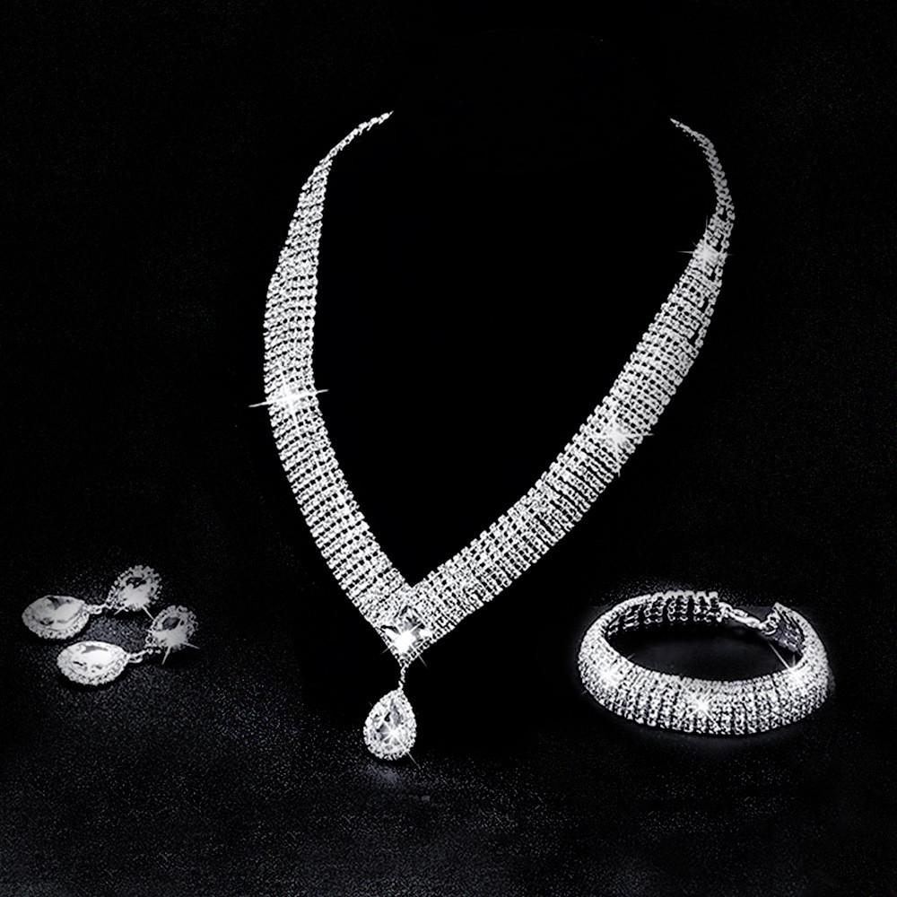 Water Drop Necklace Earring Bracelet Set With Zirconia For Bridal Wedding Dress Accessories