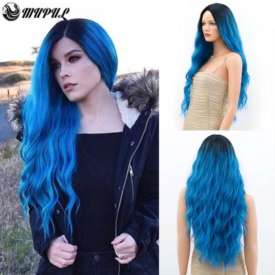 Synthetic Wig For Woman Blue Colored Ombre Long Body Water Wave Wig Cosplay Party Lolita 28 Inch Heat Resistant Nutural Wig