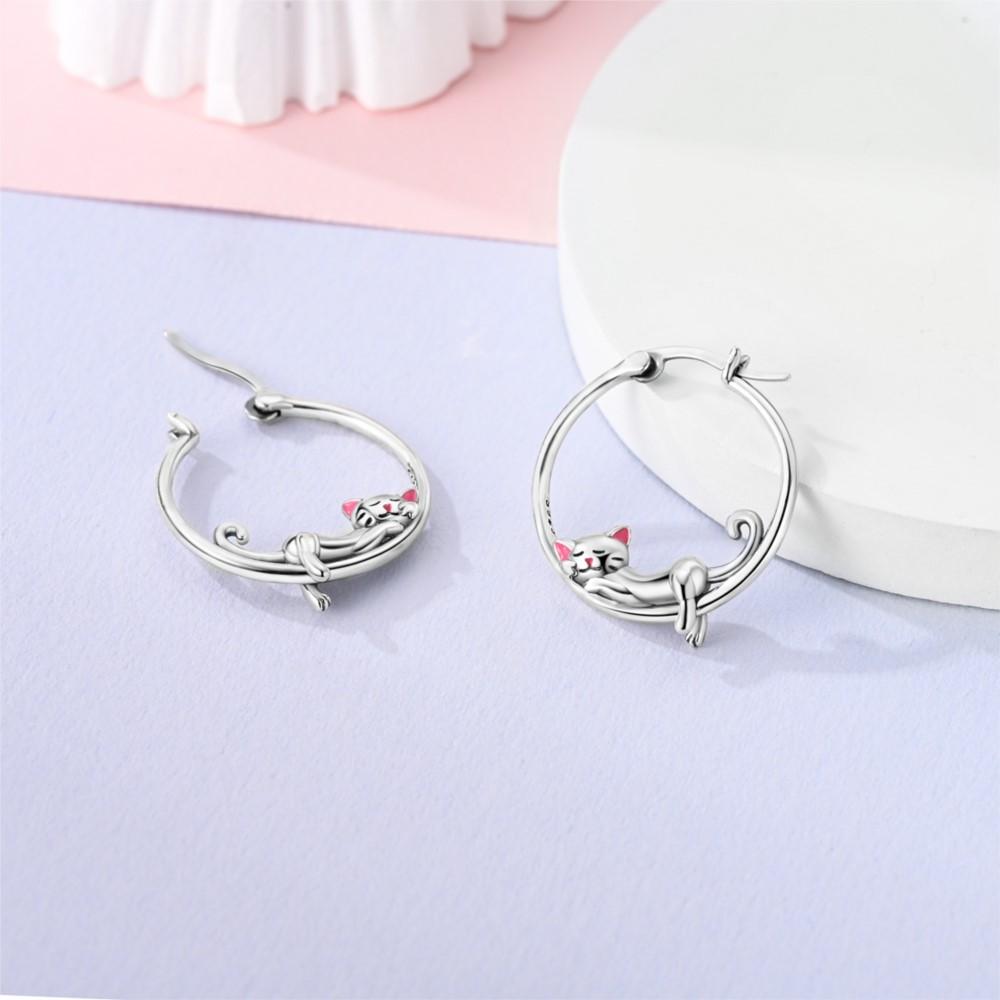Orecchini a cerchio in Argento 925 Carino Gatto Pigro Animale Animale Domestico Gioielli Per Donne Gioielli Festa di Compleanno Regali Raffinati
