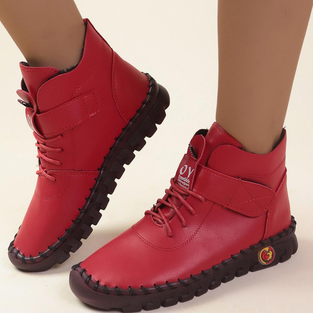 New winter women's shoes lace-up round head Velcro plush warm inner short boots women