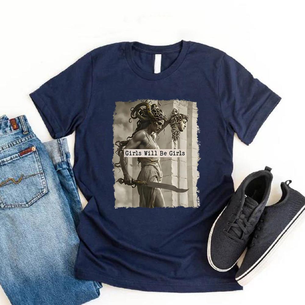 

Girls Will Be Girls T Shirt Feminist Shirt Women s Empowerment Tee Vintage Short Sleeve Halloween T-shirt Casual Graphic Tees XXXL темно-синий