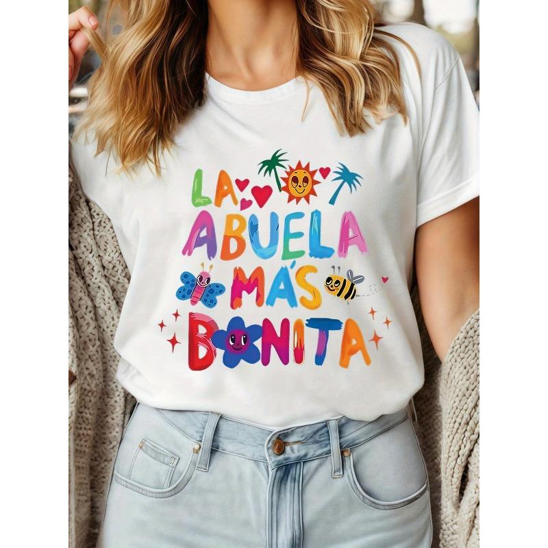 

Women s Black and White T-shirt Printed with Grandmother, Beautiful, Spanish Colourful and Vibrant Illustration Style Round Neck Trend S белый
