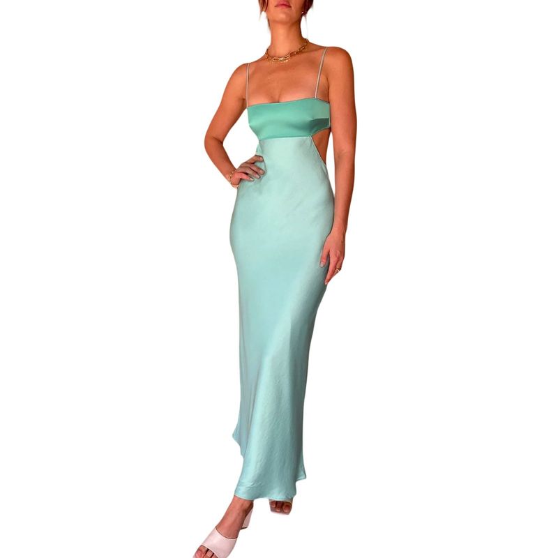 

Beautiful Foreign Trade Temperament Women clothes Popular Sexy off-Neck Color Matching Satin Slim fit Floor Back Sling Dress Lake Blue XL