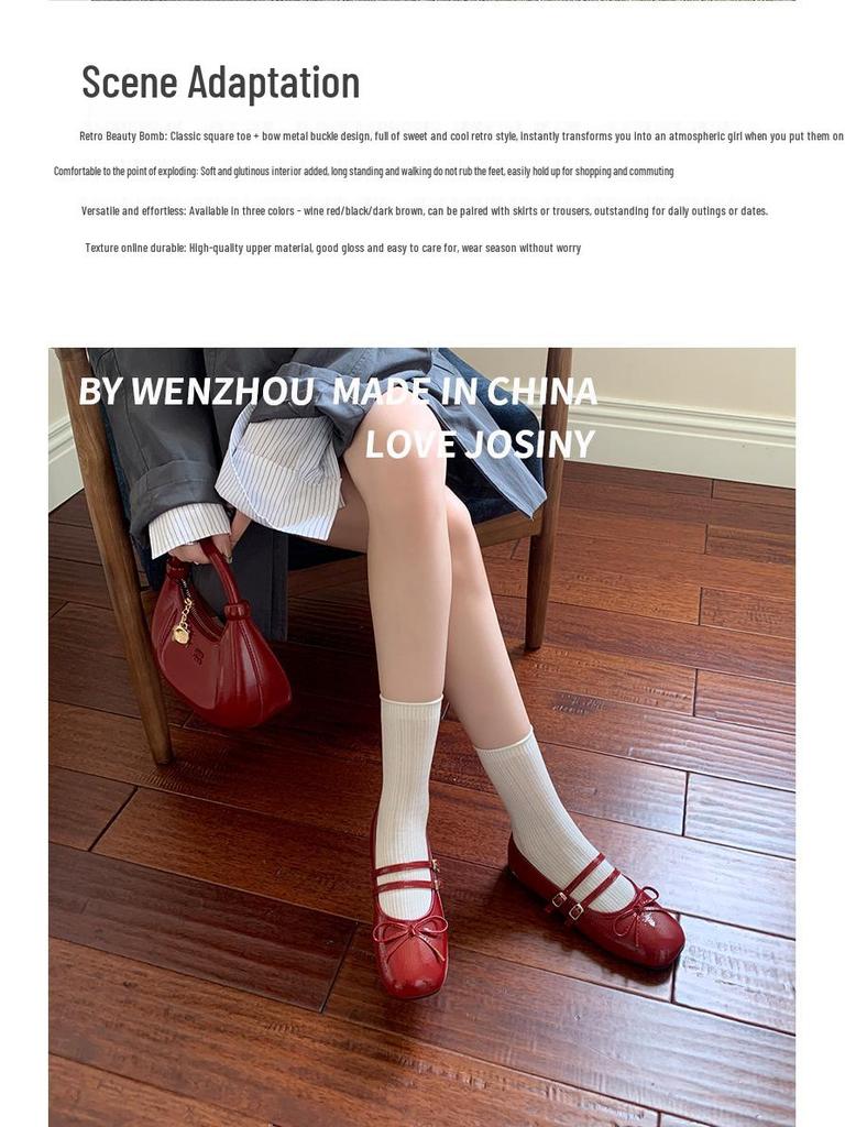 In Stock Rockfish Patent Leather Mary Jane Ballet Flats with Double Strap Bow - Women's Round Toe Low-Cut Shoes
