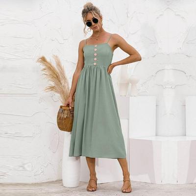 Vestido Longo de Verão Feminino Slim Cintura Alta Linha A Alça Espaguete Sem Mangas Cor Sólida Casual Doce Botão S-XL