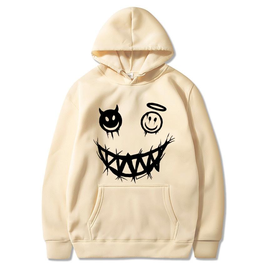 Autumn and Winter Devil Angel Smiling Face Hooded Sweatshirt, Hip-hop Street Classic Pullover, Fashionable Casual Warm Hoodie