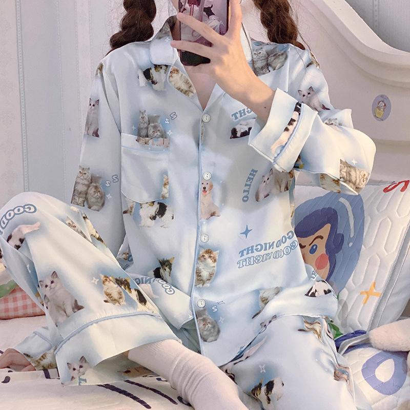 Summer High-End Green Fashion Lapel Pajamas Women'S Long-Sleeved Trousers Plant Flower Loungewear Set