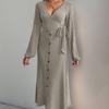 Women's Elegant Knitted V-neck Long Dress Fashion High Waist Lace Up Long Sleeved Dresses New Office Lady Sexy Robe