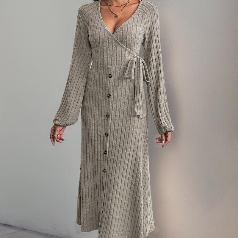 Dámské elegantní pletené dlouhé šaty s výstřihem do V Móda s vysokým pasem, šněrováním, s dlouhým rukávem, sexy župan pro dámy z nové kanceláře