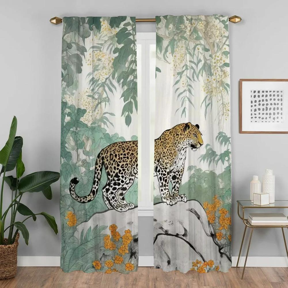 Tiger und Blume Küchenvorhänge für Wohnzimmer Vorhang Raumteiler Tüll für Schlafzimmer Halloween Dekoration Jalousien Verdunkelung Kind