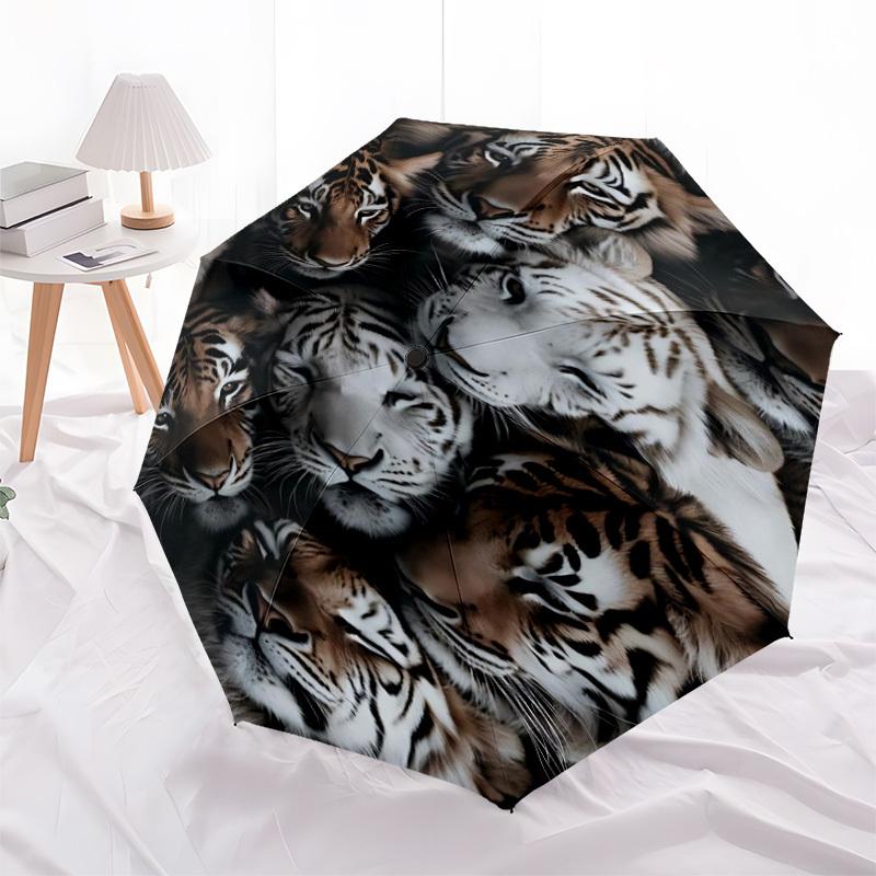 1pc Tiger Faces Automatic Open/Close Umbrella - Compact Travel Umbrella with 8-Rib Durable Frame, Lightweight & Portable Design, Commuting, Beach